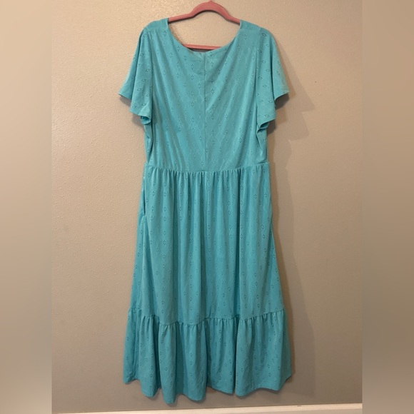 Lane Bryant cottagecore embroidered pastel blue flutter sleeve tiered midi dress - Picture 5 of 8